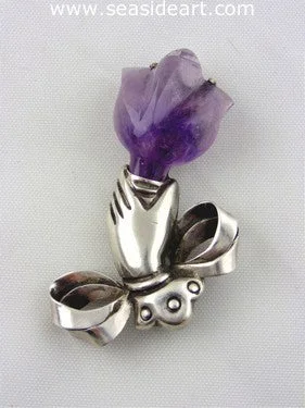 William Spratling Hand Amethyst Tulip Flower Sterling Silver Brooch