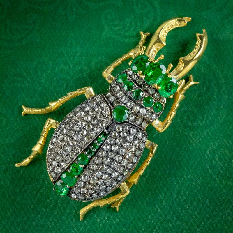 Edwardian Style Emerald Diamond Stag Beetle Brooch 3ct Of Emerald