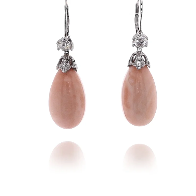 Estate 18 Karat White Gold Coral and Diamond Drop Earrings