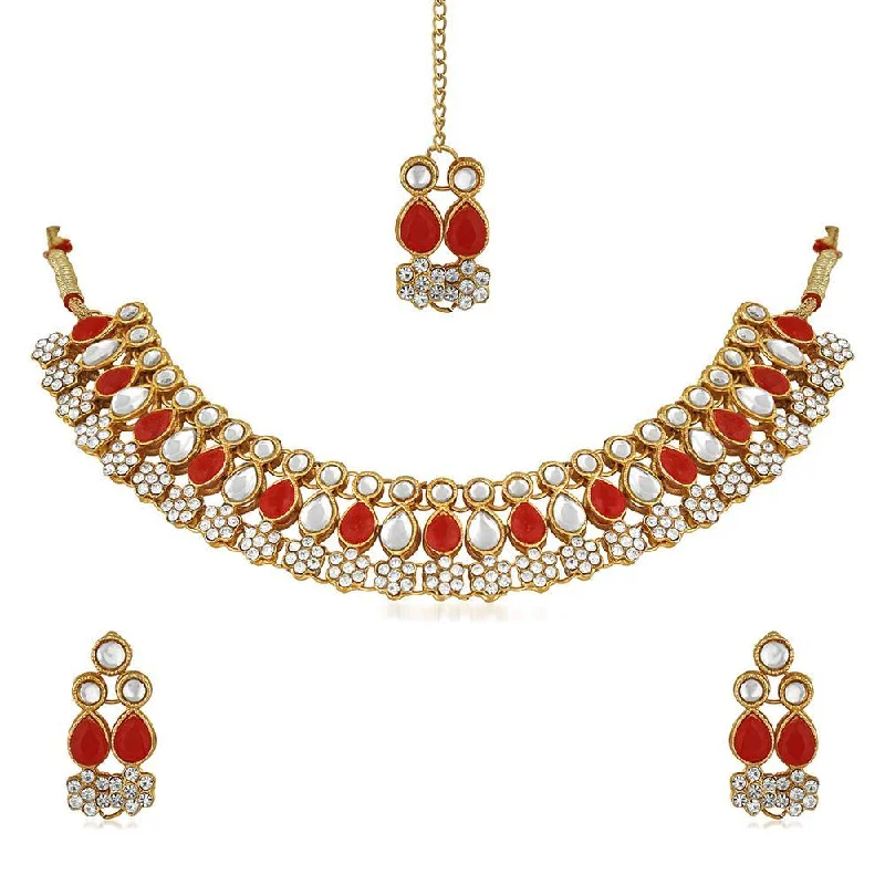 Mahi Red Kundan & Artificial Pearl Traditional Choker Necklace Earring & Maangtikka Set For Women (VNCJ100257RED)