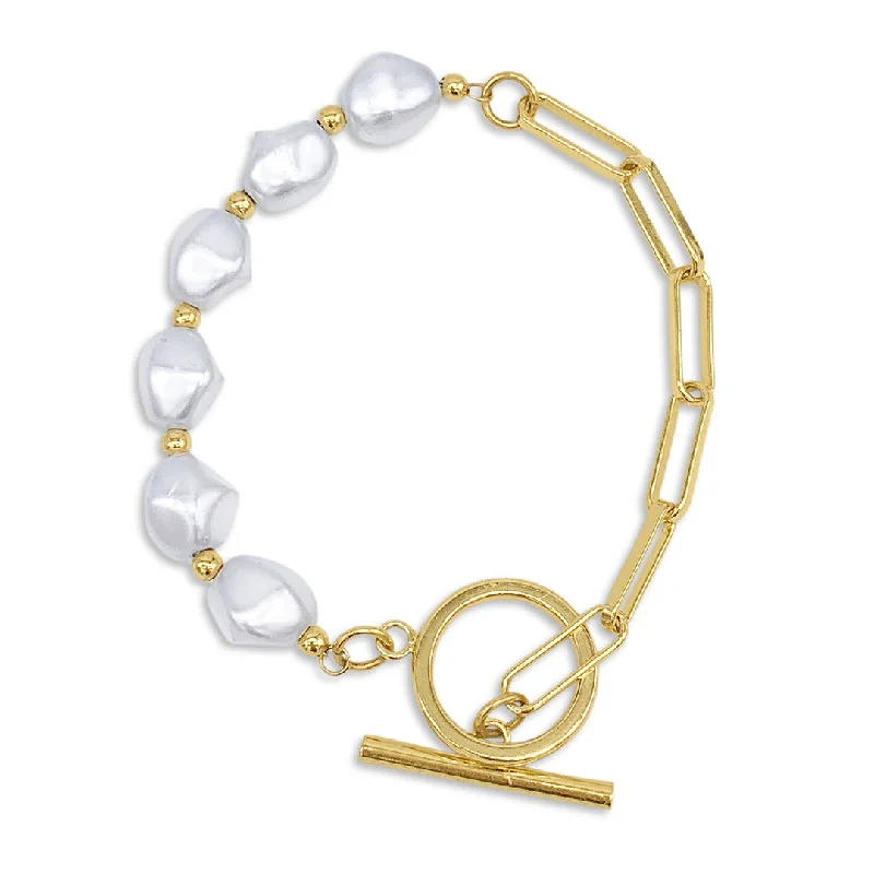 14k Gold Plated Chain Toggle Pearl Bracelet