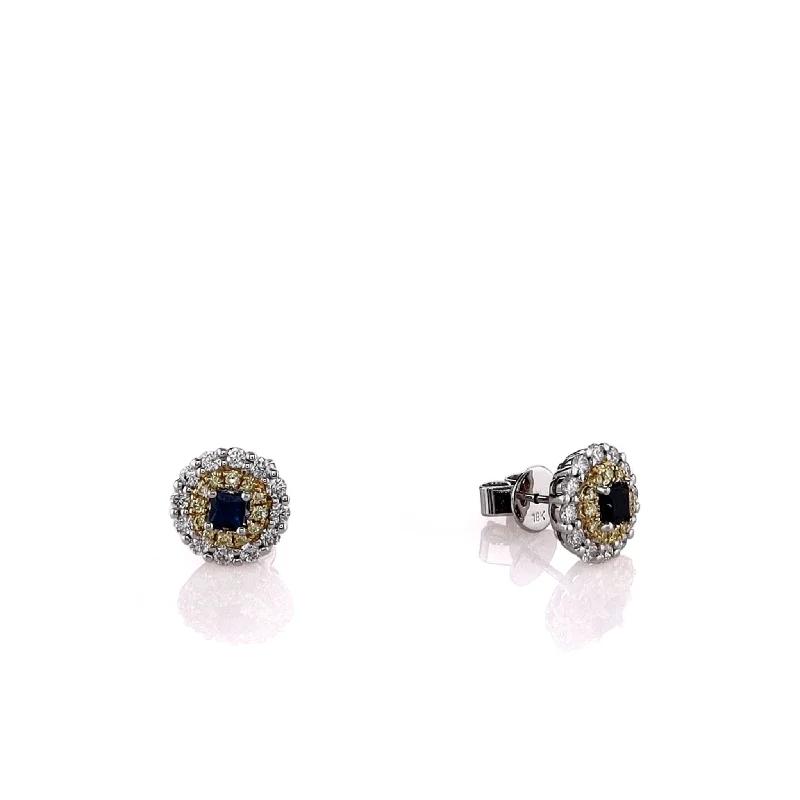 18k Two-Tone Sapphire and Yellow/White Diamond Double Halo Stud Earrings