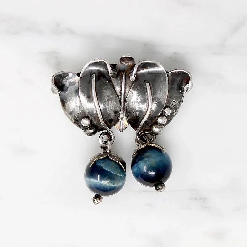 Blueberries Sterling & Blue Cat's Eye Brooch