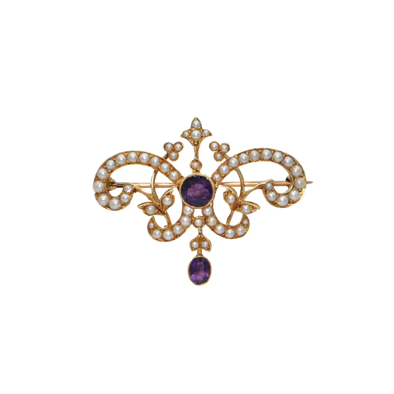 Edwardian English Amethyst and Seed Pearl 15K Gold Brooch