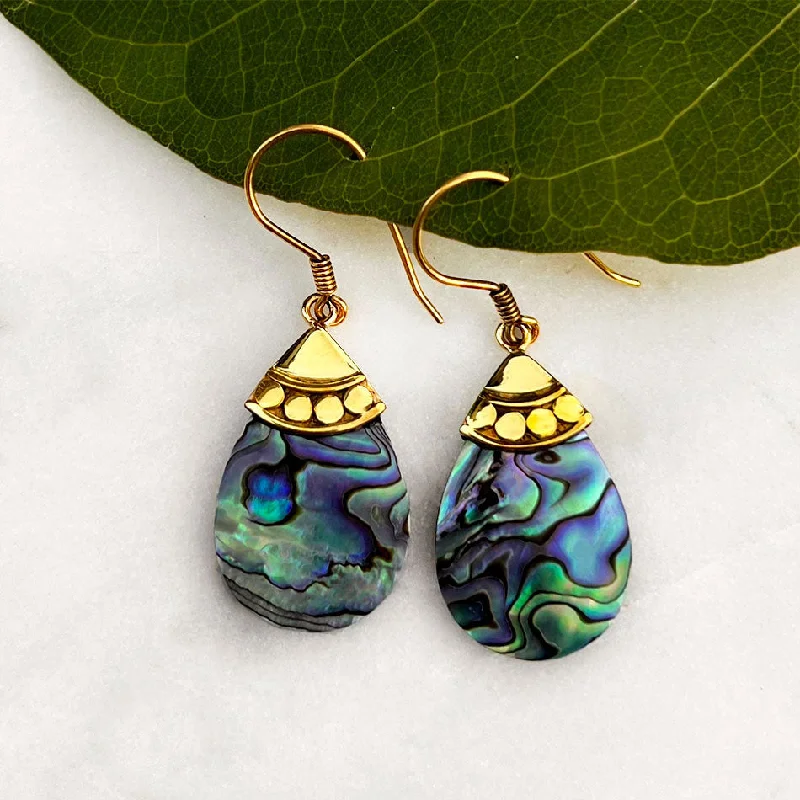 Abalone Teardrop Earrings - Brass, Indonesia