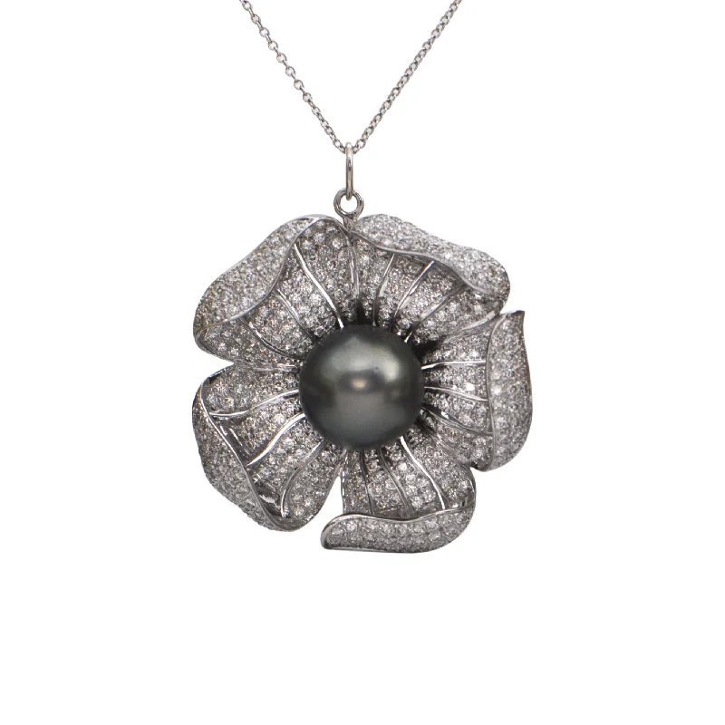 Vintage Diamond and Tahitian Pearl Flower Brooch/Pendant