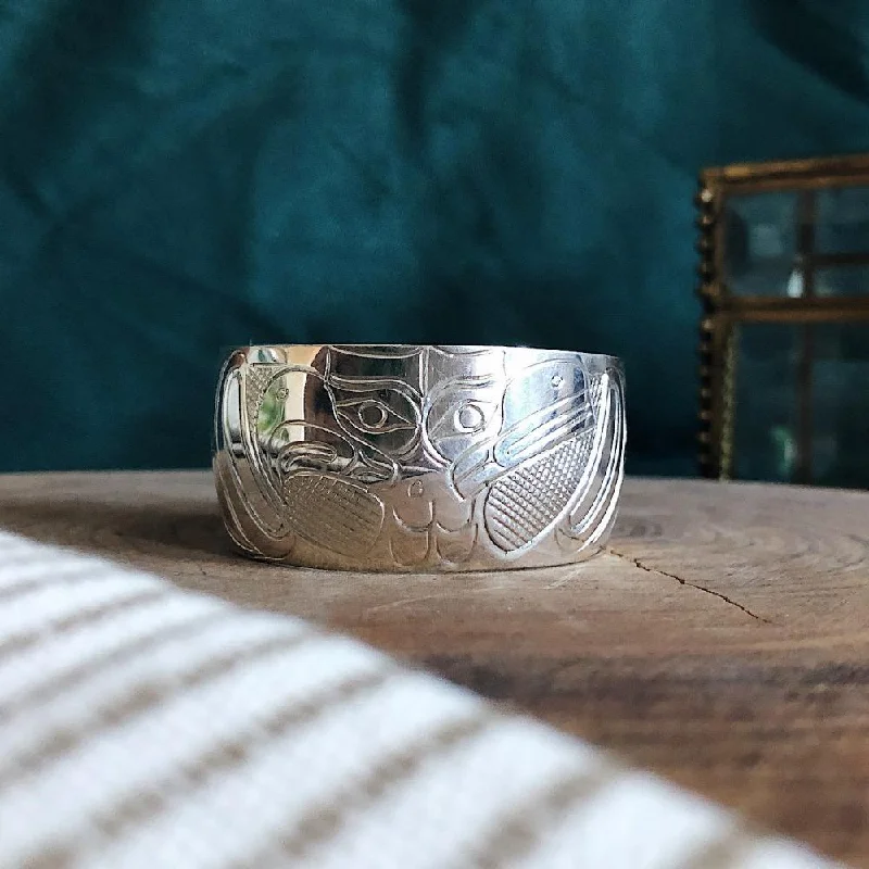 Extra Wide Silver Totem Cuff - Raven & Eagle