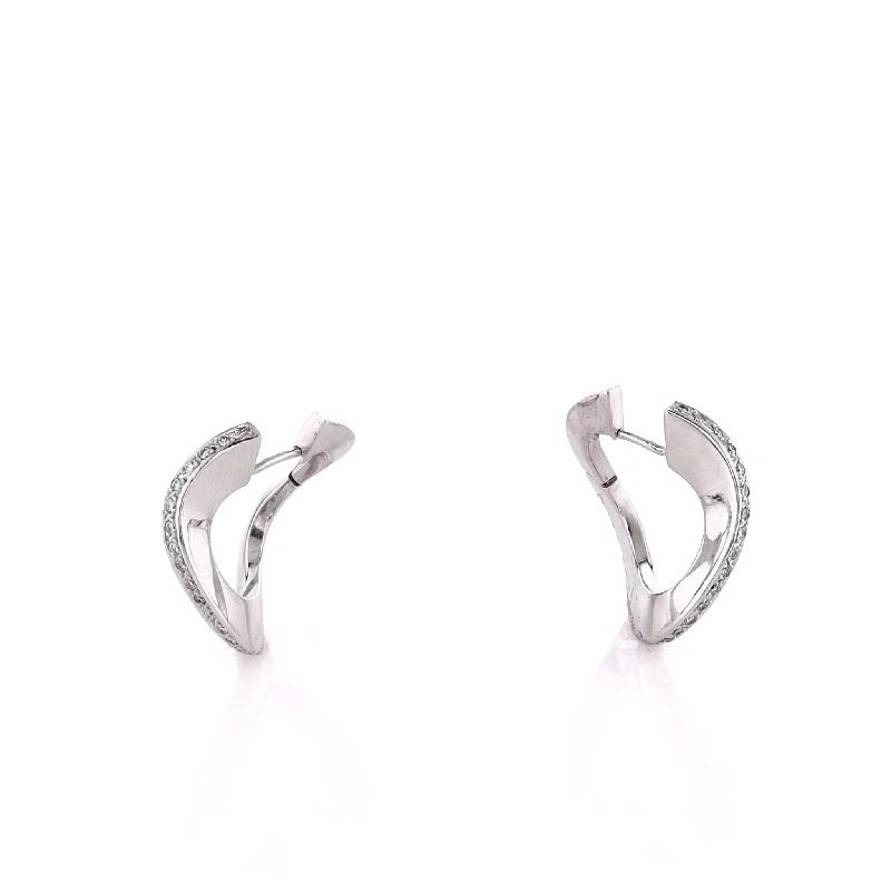 Estate 18k White Gold Freeform Design Diamond Hoop Earrings