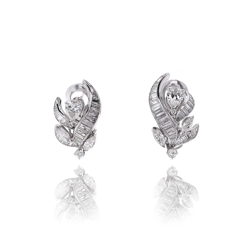 Estate Platinum Spray Design Diamond Omega Back Earrings