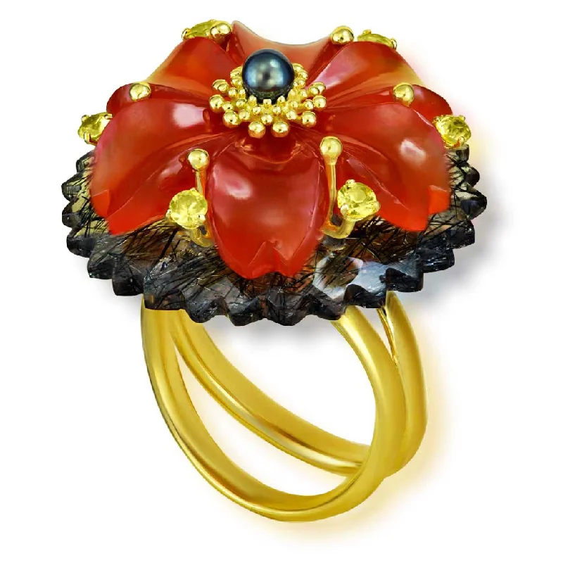 Gold Blossom Ring with Carnelian & Rutilated Quartz