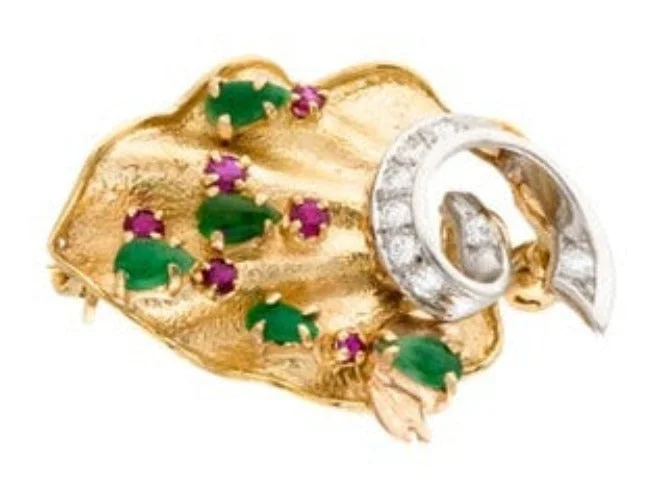 Antique 18K Yellow White Gold Diamond Ruby Green Jadeite Brooch Pin