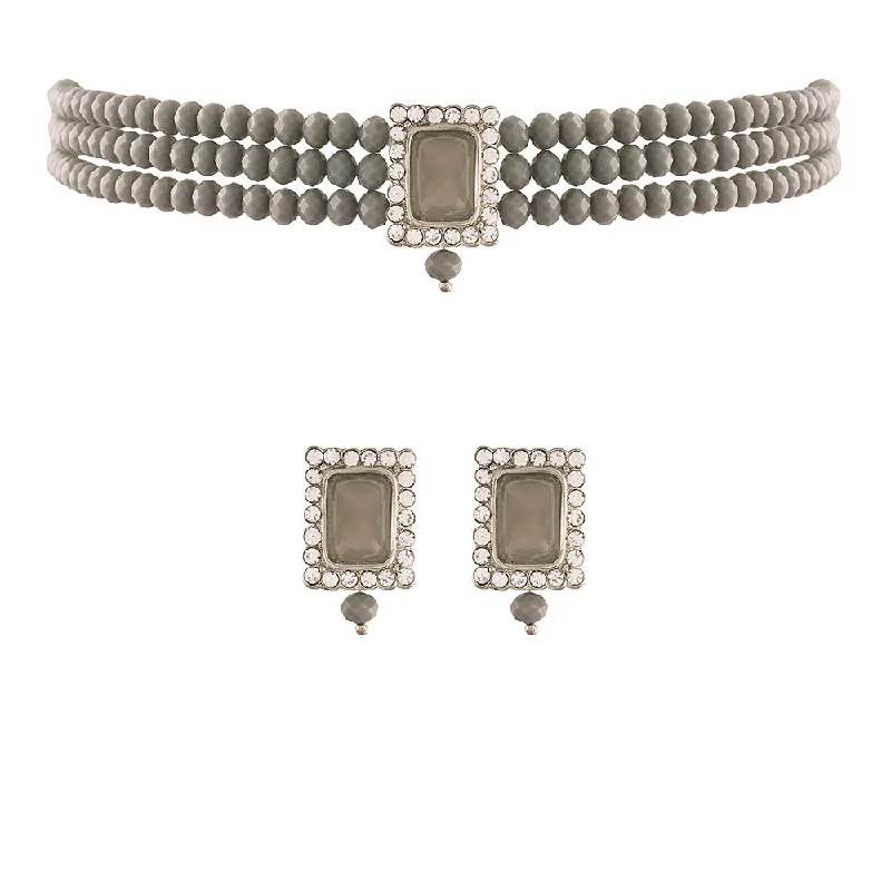 Etnico 18K Rhodium Plated Crystal Stone Beaded Choker Necklace Jewellery Set With Earrings (ML237ZGr)