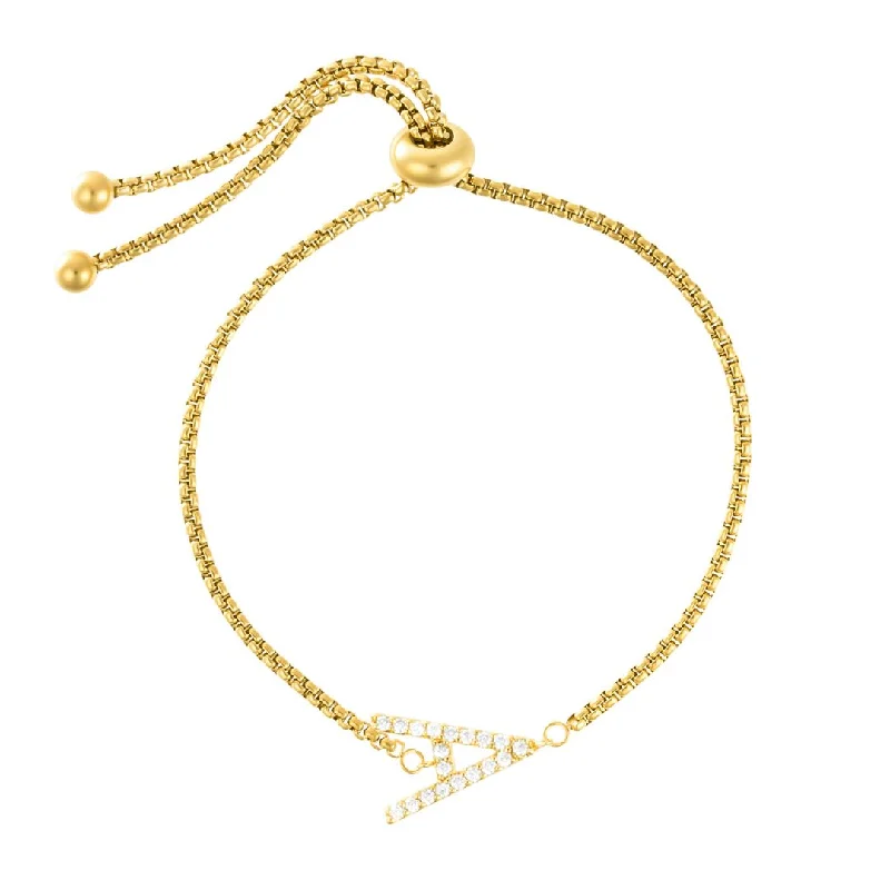 14k Gold Plated Adjustable Pave CZ Sideways Bolo Initial Bracelet