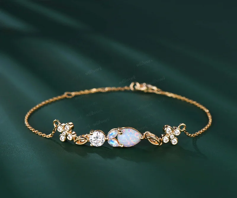 Unique Gemstone White Opal Chain Bracelet Flower 14k Solid yellow Gold Moonstone Moissanite Link Bracelet Adjustable Bracelet Gift For Her