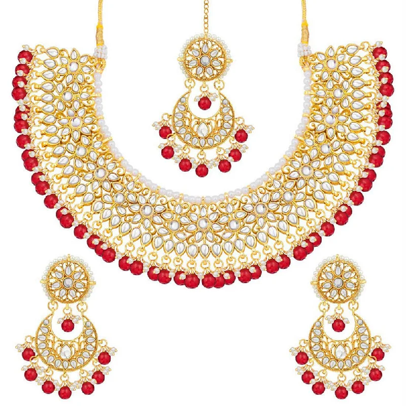 Etnico 18K Gold Plated Traditional Handcrafted Faux Kundan & Pearl Studded Bridal Choker Necklace Jewellery Set with Earrings & Maang Tikka (K7076R)