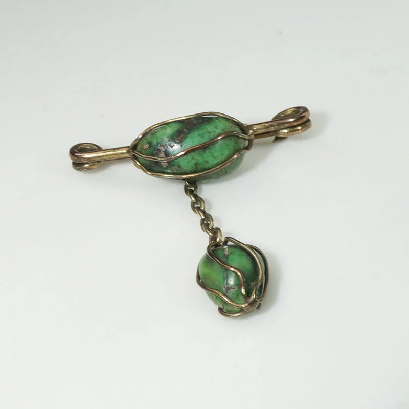 Wire-Wrapped Turquoise & 9k Safety Pin Brooch