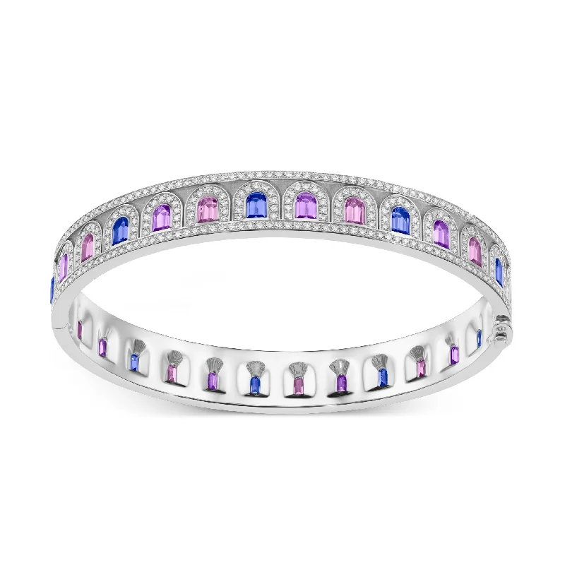 L'Arc Deco Bangle in Platinum with DAVIDOR Arch Cut Blue, Pink and Violet Sapphires and Brilliant Diamonds