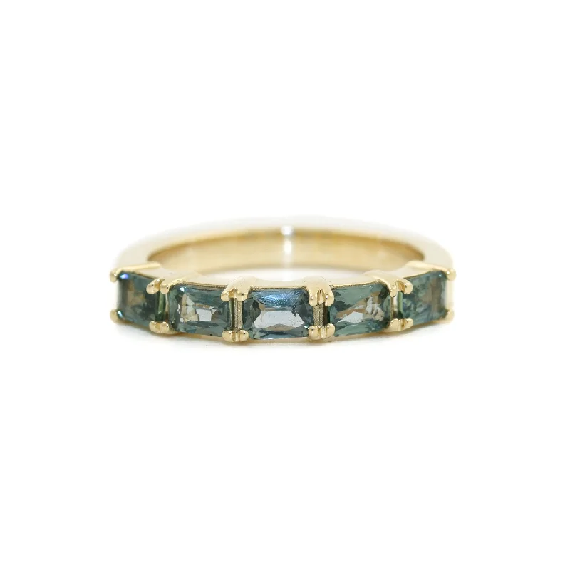 14K Gold Emerald- Cut Teal Sapphire Bead- Set Band