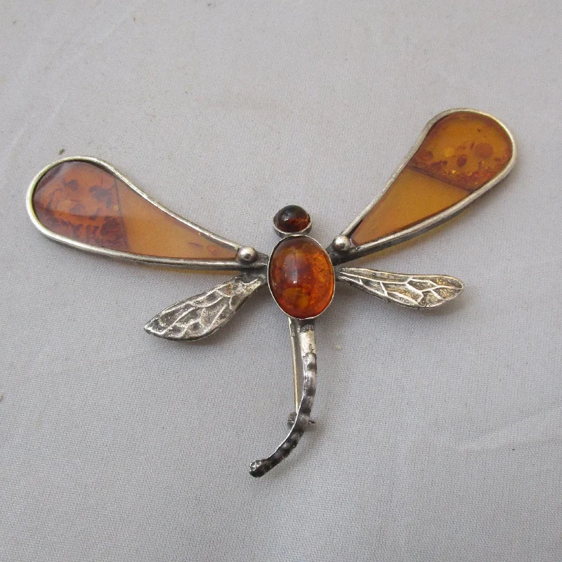 Sterling Silver And Amber Dragonfly Brooch Pin Vintage c1970