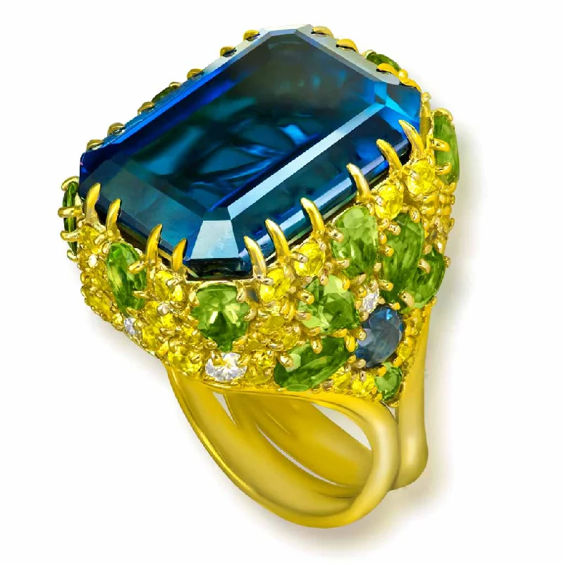 Gold Blossom Ring with London Blue Topaz