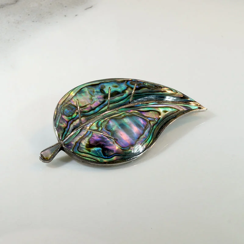 Mexican Sterling & Abalone Inlay Leaf Brooch