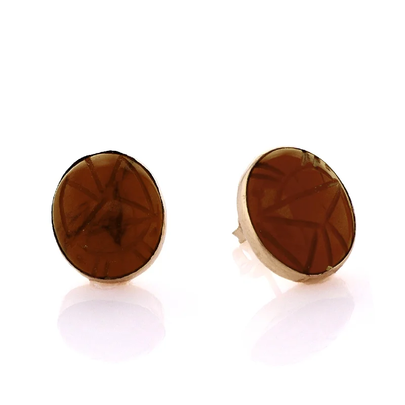 Estate 14k Yellow Gold Oval Agate Scarab Stud Earrings