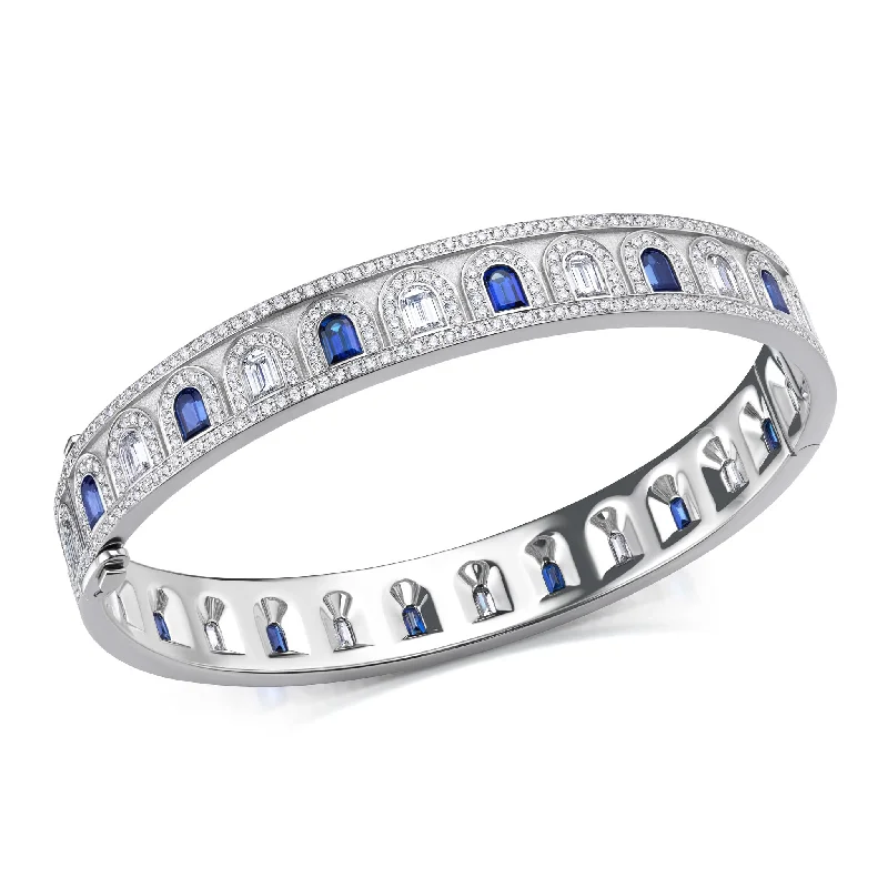 L'Arc Deco Bangle in Platinum with DAVIDOR Arch Cut Diamonds DAVIDOR Arch Cut Blue Sapphires and Brilliant Diamonds