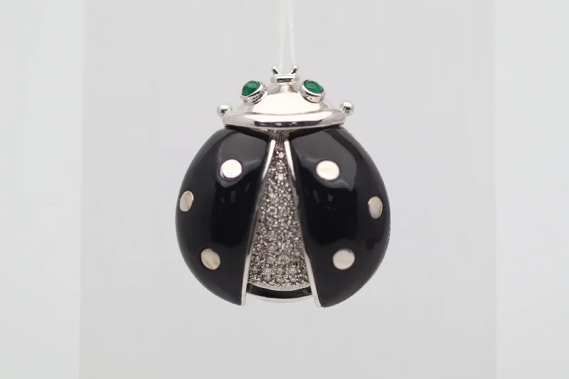 Diamond Onyx Emerald Gold Ladybug Pendant Brooch