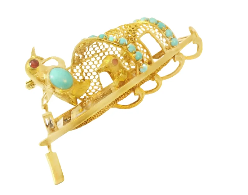 Gorgeous Designer 14K Yellow Gold Ruby Turquoise Lovebirds Boat Brooch Pin