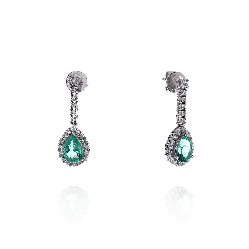 Estate 18k White Gold Emerald and Diamond Dangle Earrings