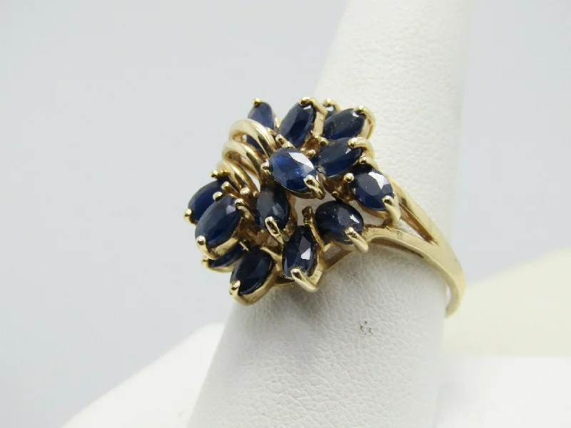 10kt Blue Spinel Cluster Ring, Tiered, Art Deco Design, Size 10, 3.5 TCW+, Yellow Gold, Signed EL