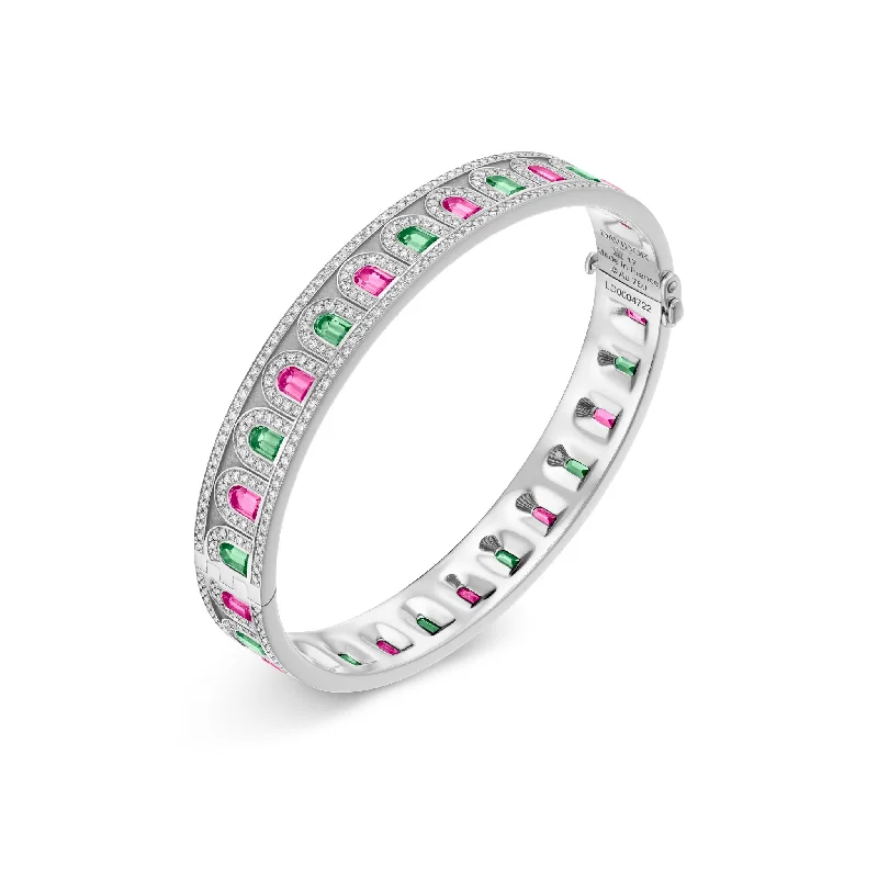 L’Arc Deco Platinum Bangle DAVIDOR Arch Cut Pink and Green Tourmalines and Brilliant Diamonds