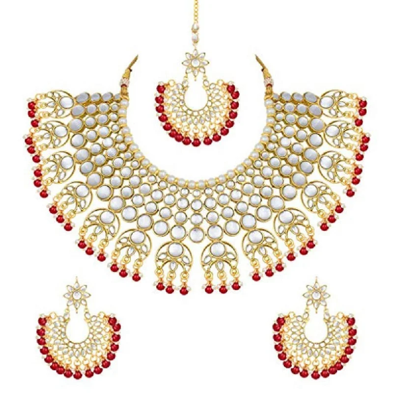 Etnico 18K Gold Plated Traditional Handcrafted Faux Kundan & Pearl Studded Bridal Choker Necklace Jewellery Set with Earrings & Maang Tikka (K7077M)